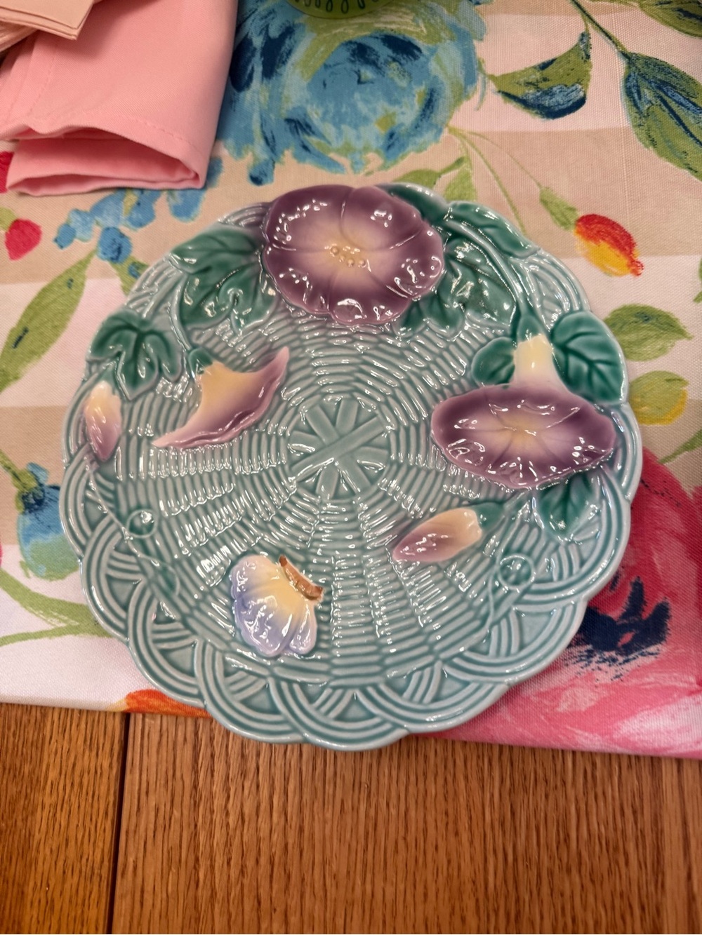 The Haldon Group Morning Glory 1989 Vintage Majolica Basket Weave Teal Set of 4